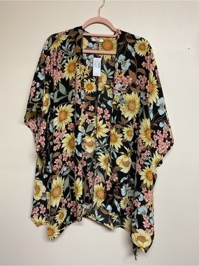 Maurices Black Floral Open-Front Kimono with Yellow & Pink Blooms
